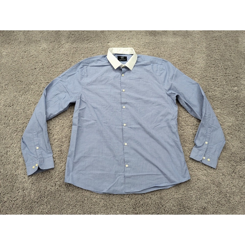 F&F‎ Button Up Shirt Mens 16 40/41 Slim Fit Blue Long Sleeve 100% Cotton Casual